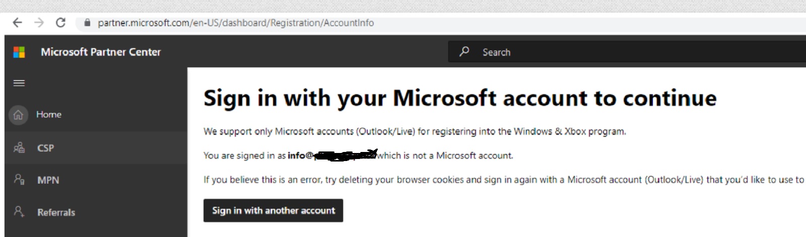 error message Microsoft partner center