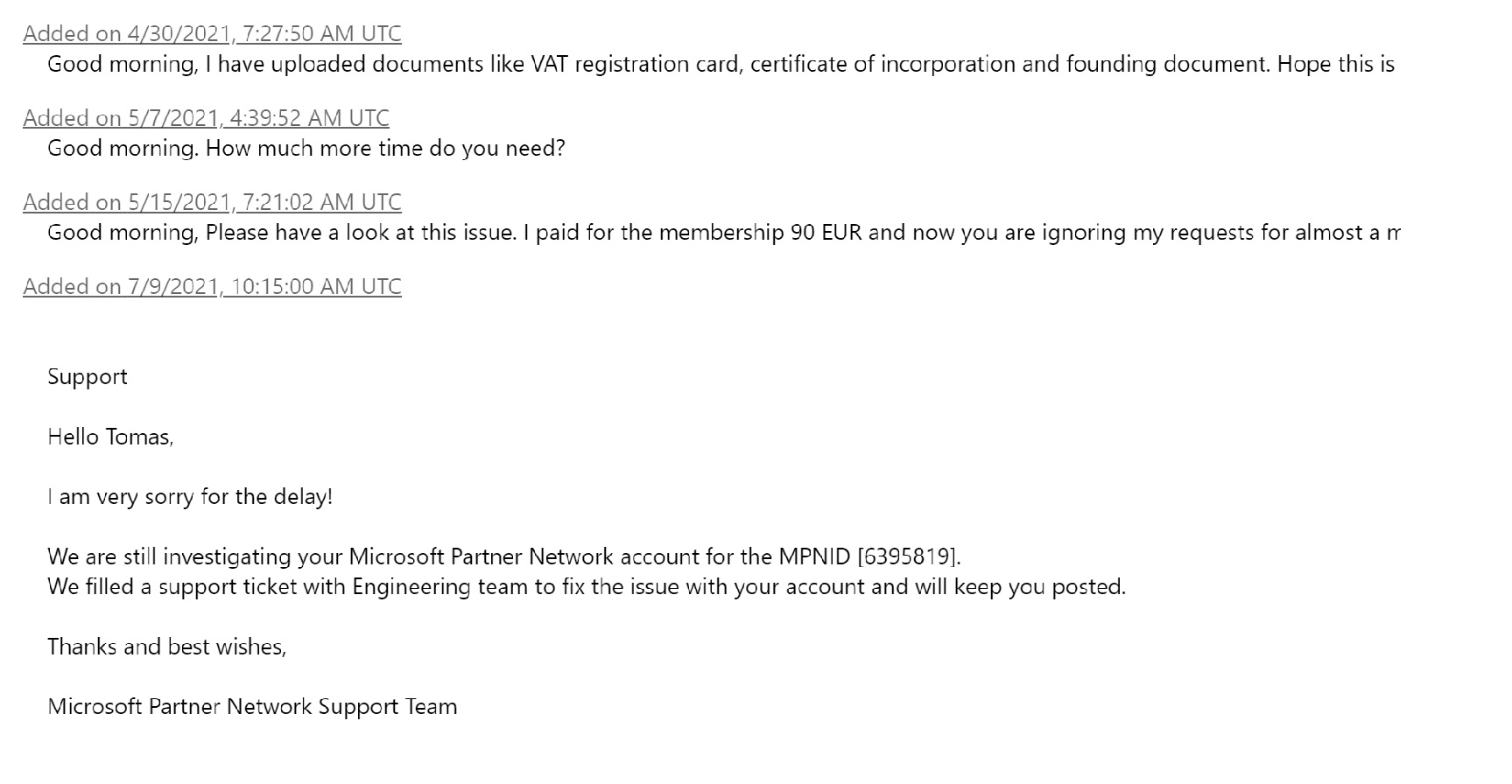 microsoft support ticket no response