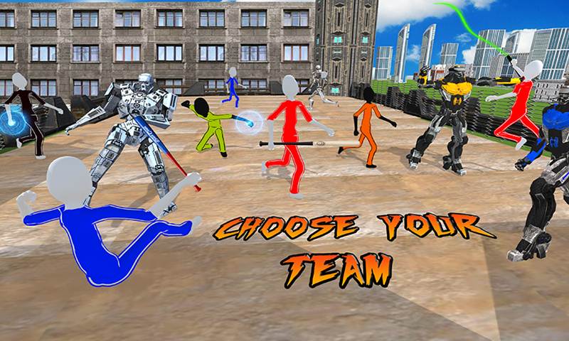 Futuristic Battle: Robotic Hero Vs Stick Villains