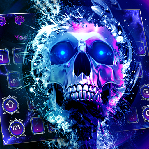 Sparkling Neon Blue Skull Keyboard