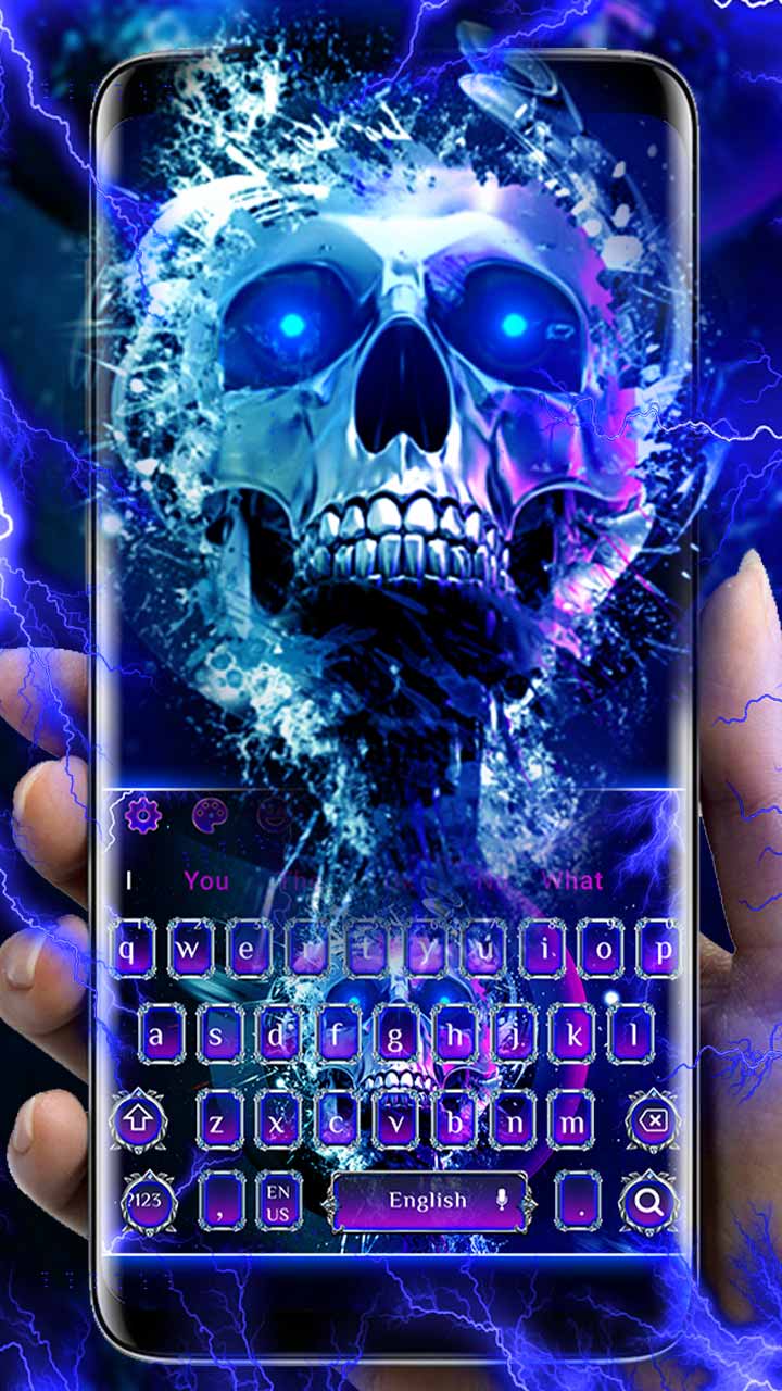 Sparkling Neon Blue Skull Keyboard